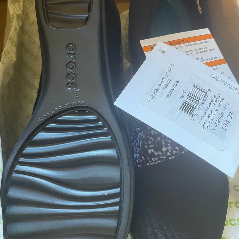 CROCS Women's Black Slip-On Flats with Purple Floral Elastic Strap